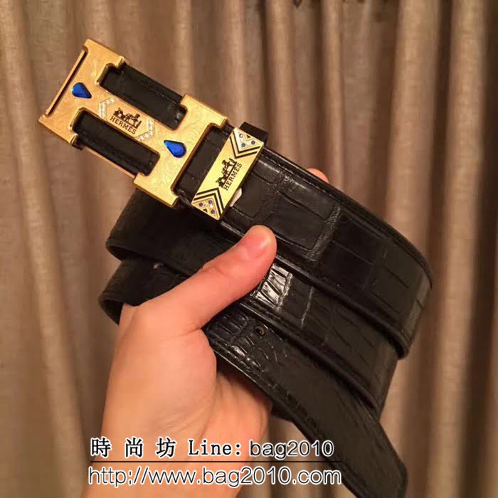 愛馬仕HERMES 純手工美洲鱷魚無拼接肚皮 專櫃鑲鑽藍寶石 高端男士皮帶 HHG1373